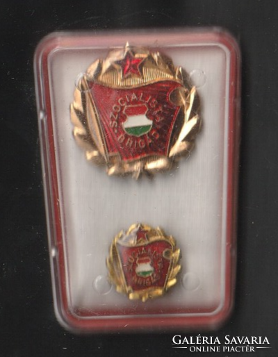 Szocialista brigád jelvény, kis kitűzővel, tokban.