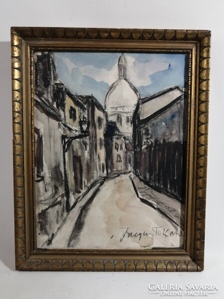 RUE Á PARIS - JELZETT FRANCIA KÉTOLDALI AKVARELL - HÁTTÉRBEN A SACRÉ COEUR BAZILIKA