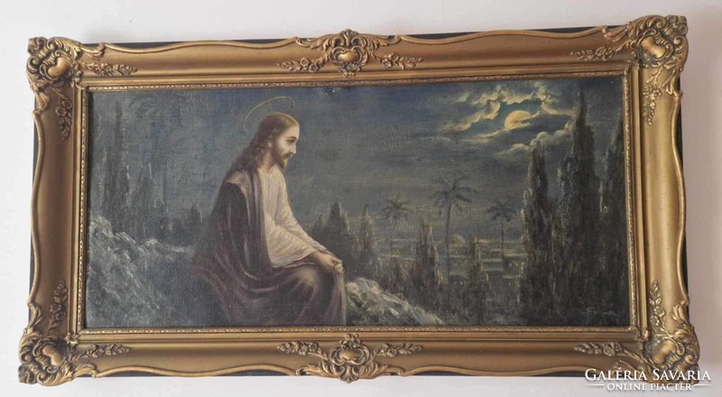Vallási témájú olajkép. 80x50 XX. században faragott blondel keretben.