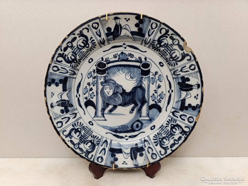 Antik zsidó delfti porcelán tányér tál oroszlán tóra tekercs judaika Delft 18. század 537 2954