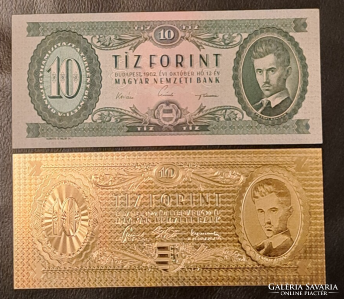 Aranyozott 10 forint bankjegy, replika, és a modellje UNC certifikációval