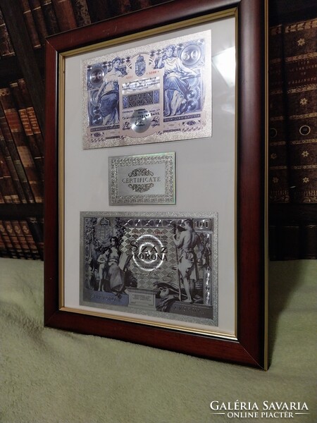 1902-es Osztrák-Magyar KORONA ezüsttel bevont plasztik bankjegyek (REPLIKA!) RETRO képkeretben.