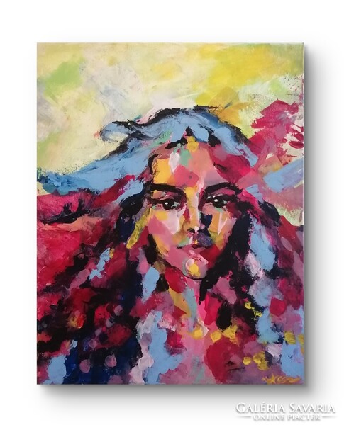 Örvényben akrilfestmény 50x40 női portré, expresszív, színes, kifejező, modern, dekoratív, falikép