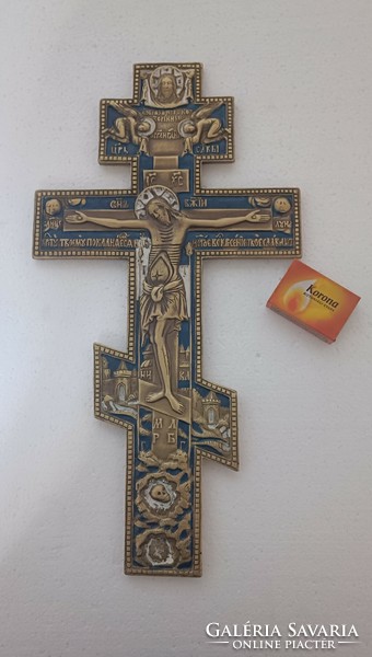 Antik nagy orosz cári ortodox pravoszláv fali bronz kereszt zomànc dîszitmènnyel 19.sz