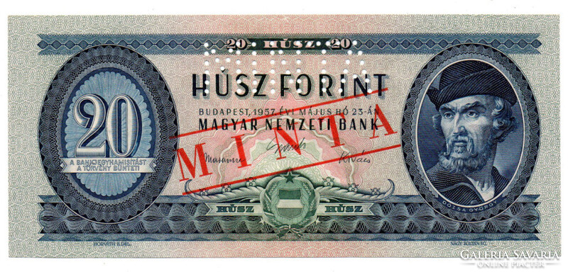 20 Forint Bankjegy 1957 MINTA lyukasztás és bélyegzés C137