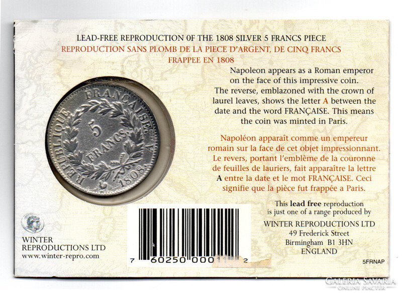 Franciaország I. Napóleon 5 Frank 1808 MÁSOLAT bliszterben