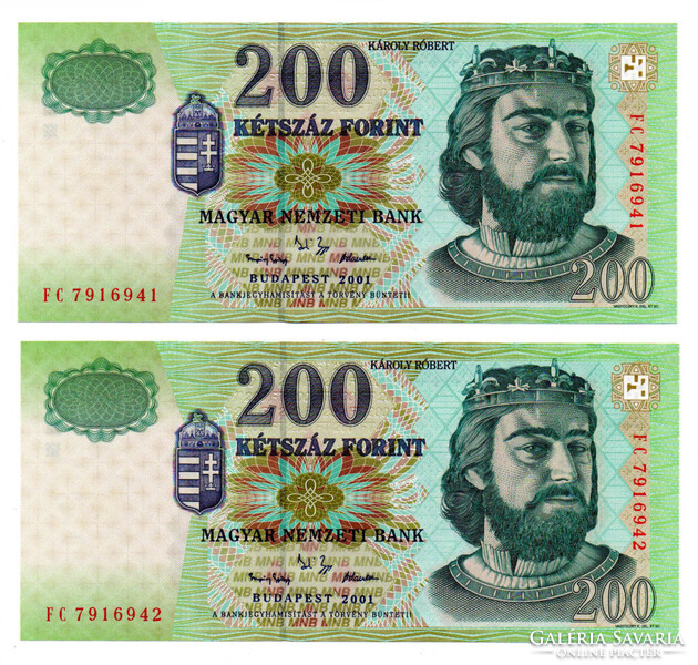 200 Forint Bankjegy 2001 FC UNC sorszámkövető pár