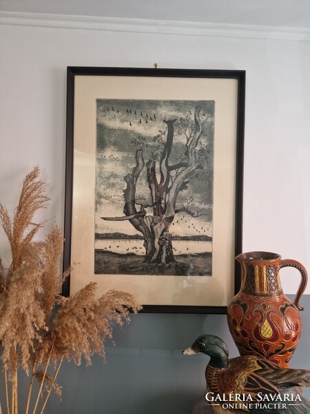 1Ft-ról Nyári Lóránt 1973: Ősz, jelzett művészi rézkarc. (57.5cm x 78.5cm)