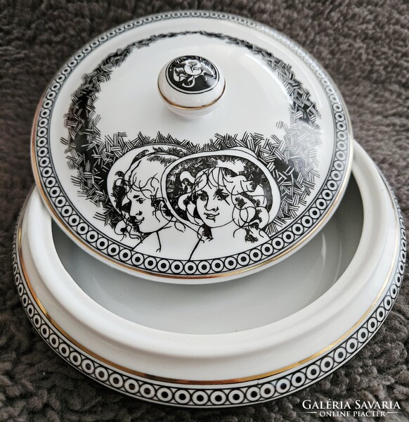 Hollóházi "Női fejek" porcelán bonbonier, Jurcsák László (Szász Endre), hibátlan aranyozás, akció