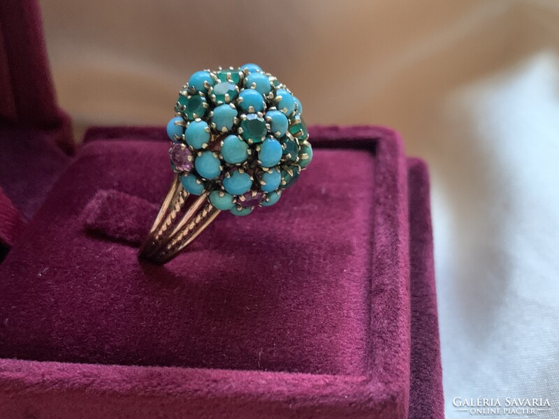 Csodálatos rubin-smaragd türkiz gyűrű 585 arany