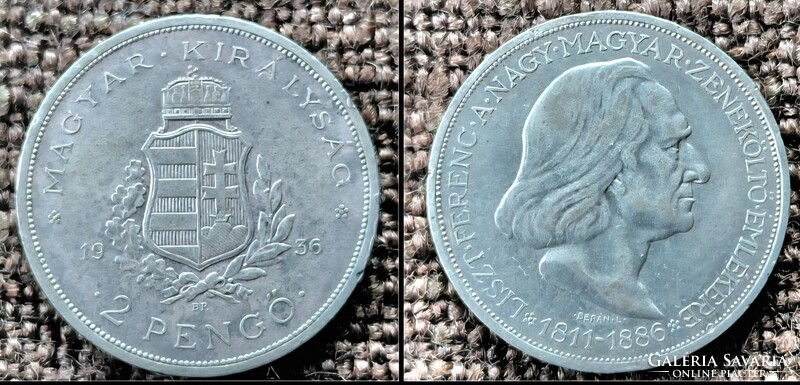 Liszt Ferenc 2 pengő 1936 .  Selyemfényű . Ag ezüst .