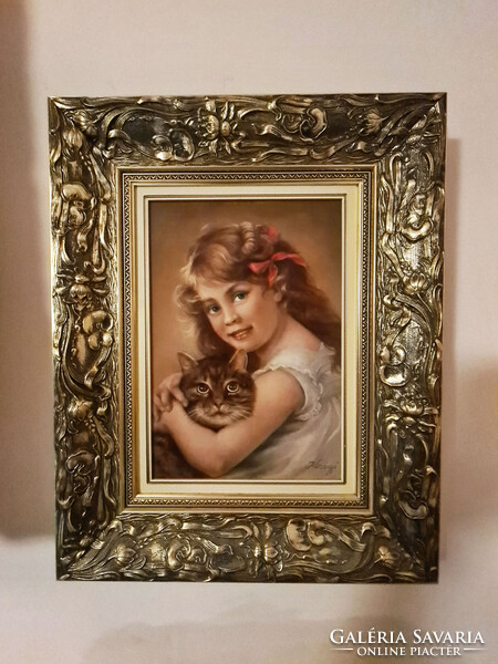 Kerényi Mária - Kislány cicával, 27x38cm