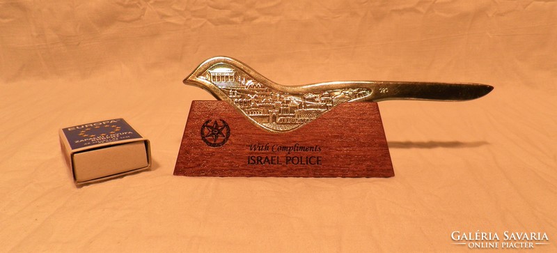 Ezüst 925 madár alakú levélbontó. With Compliments Israel Police. Jeruzsálem.