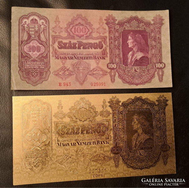 Certified, gold-plated 100 pengő banknote, replica, and its model