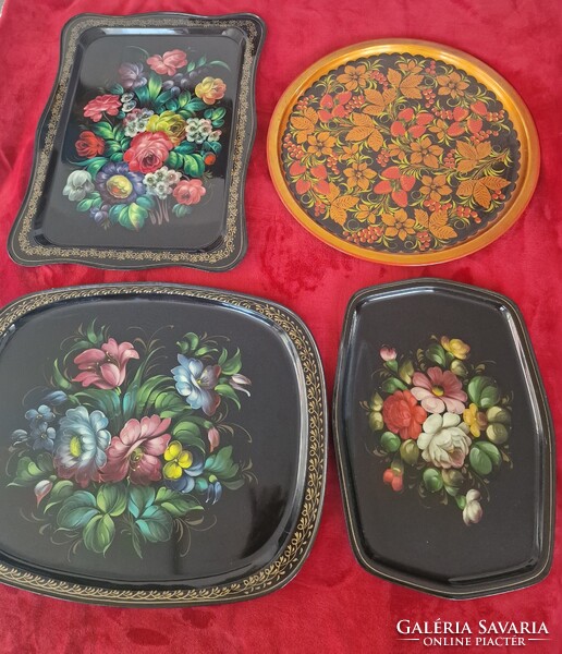4 DB RETRO OROSZ FESTETT FÉMTÁLCA! Nagyméretűek! Szép dekoratív festéssel! 43x57cm