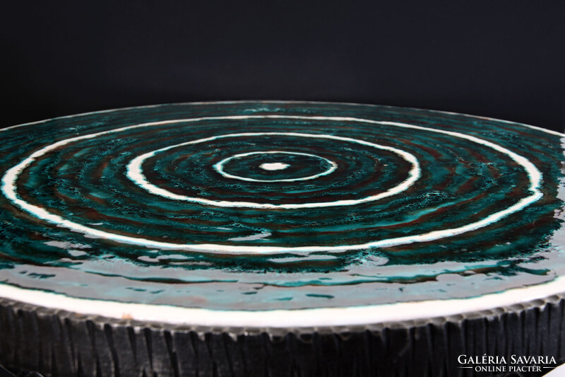 1970. Iparművészeti Vállalat Háromlábú Asztalka Mázas Kerámia Lappal 55x52x52cm | Magyar Asztal