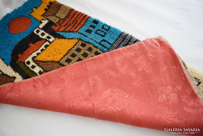 Város látkép fali szőnyeg , falikárpit retro régi subázott kézimunka 120x64cm