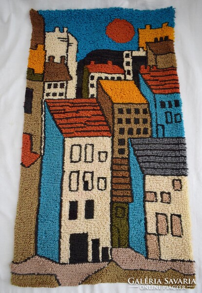 Város látkép fali szőnyeg , falikárpit retro régi subázott kézimunka 120x64cm