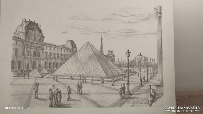Louvre . Ceruza rajz, grafika Arben szignóval