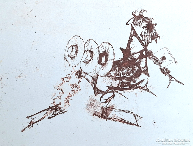 Almásy Aladár: Szerelmes levelet kapó lombfűrésszel (dedikált rézkarc, 1976, 1970-es évek)