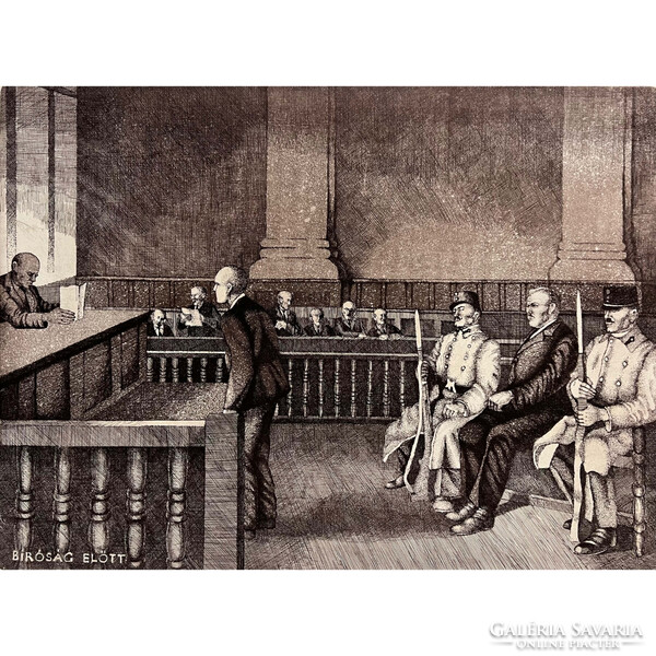 Tassy Béla (1942- ) Bíróság előtt - részletgazdag szocreál grafikai munka /számlát adunk/