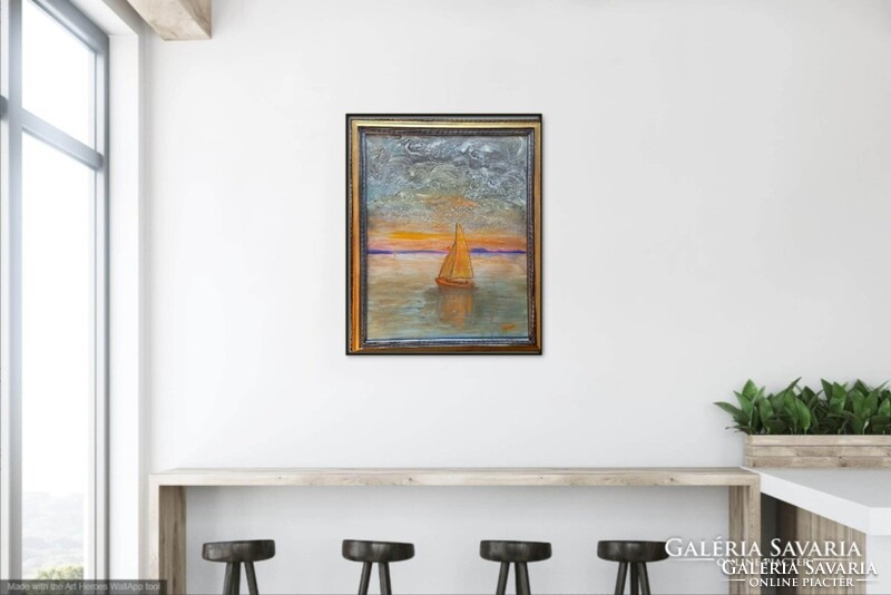 Prima díjas művésztől Balatoni fantázia. 50x40 cm, vászonkép, tanúsítvánnyal Károlyfi Zsófia (1952-)