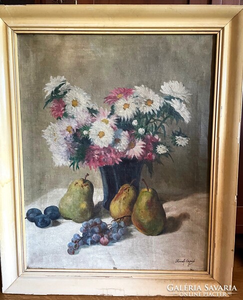Romek Árpád (1883-1960) asztali csendélet virágokkal és gyümölcsökkel régi olaj festménye antik