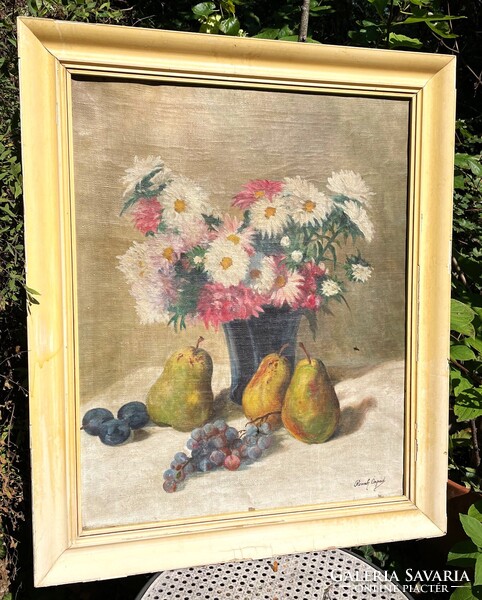 Romek Árpád (1883-1960) asztali csendélet virágokkal és gyümölcsökkel régi olaj festménye antik