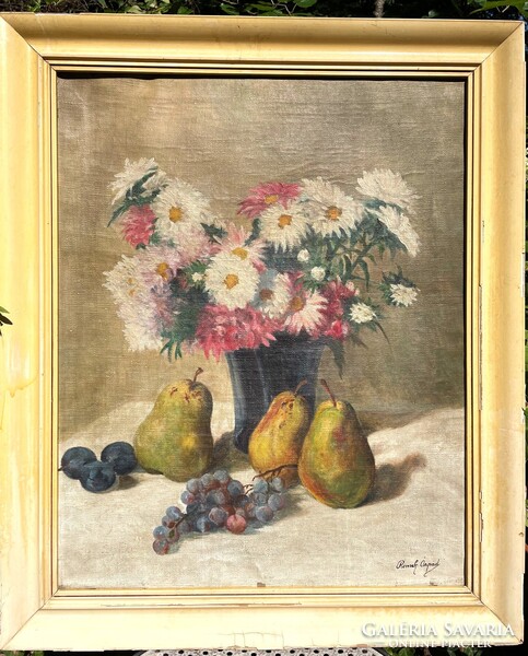 Romek Árpád (1883-1960) asztali csendélet virágokkal és gyümölcsökkel régi olaj festménye antik