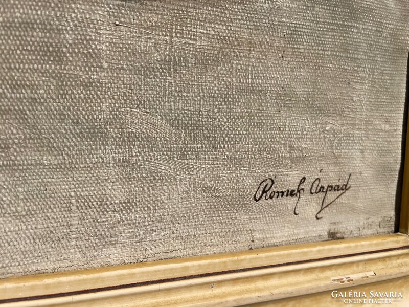 Romek Árpád (1883-1960) asztali csendélet virágokkal és gyümölcsökkel régi olaj festménye antik