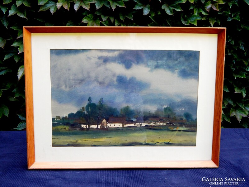 Weintrager Adolf (1927 - 1987):  Eső után,  40 x 50 cm-es akvarellje keretben