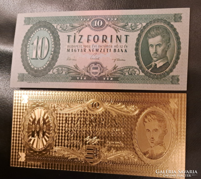 Aranyozott 10 forint bankjegy, replika, és a modellje UNC certifikációval