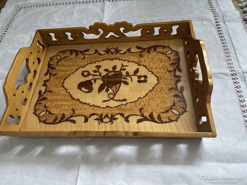 Intarziás antik nagy fa tálca, nagyon jó állapotban.
