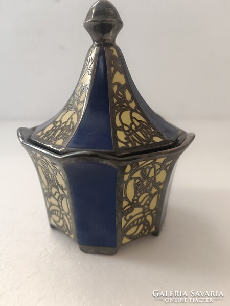 Antik Bécsi szecesszió ezűst overlay porcelán cukordoboz bonbonier
