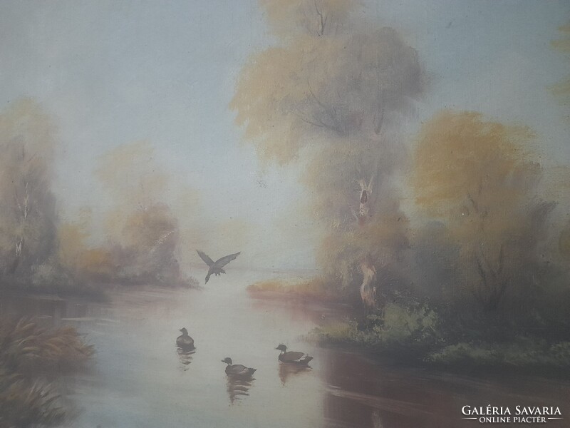 Márton Béla?,Olaj-Vászon Erdei Tó Tájkép,Vadkacsákkal Festmény.60 x 80 cm.