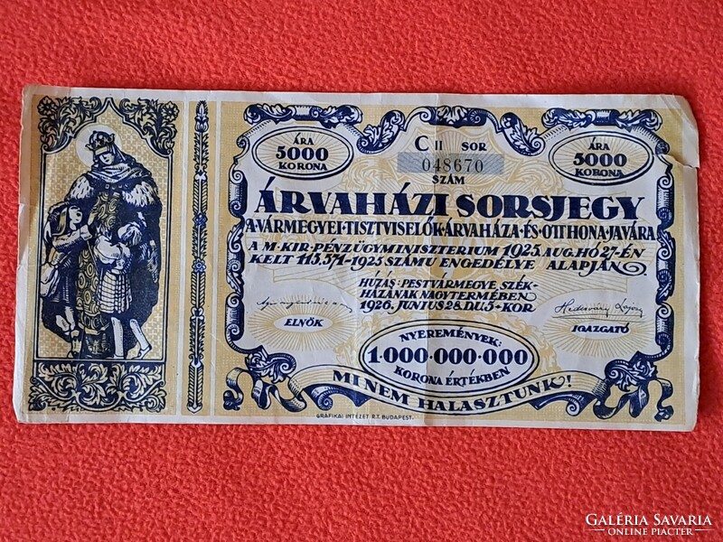 Árvaházi sorsjegy 1925. "C" sorozat, 5000 korona