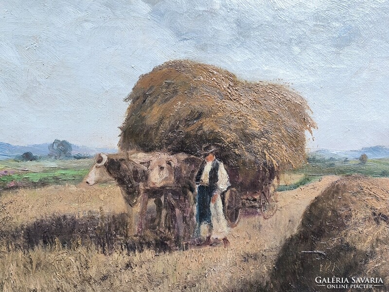 Gyönyörű antik Olaj vászon tàjkép festmény.Àcs Àgoston aratàs , betakarítás