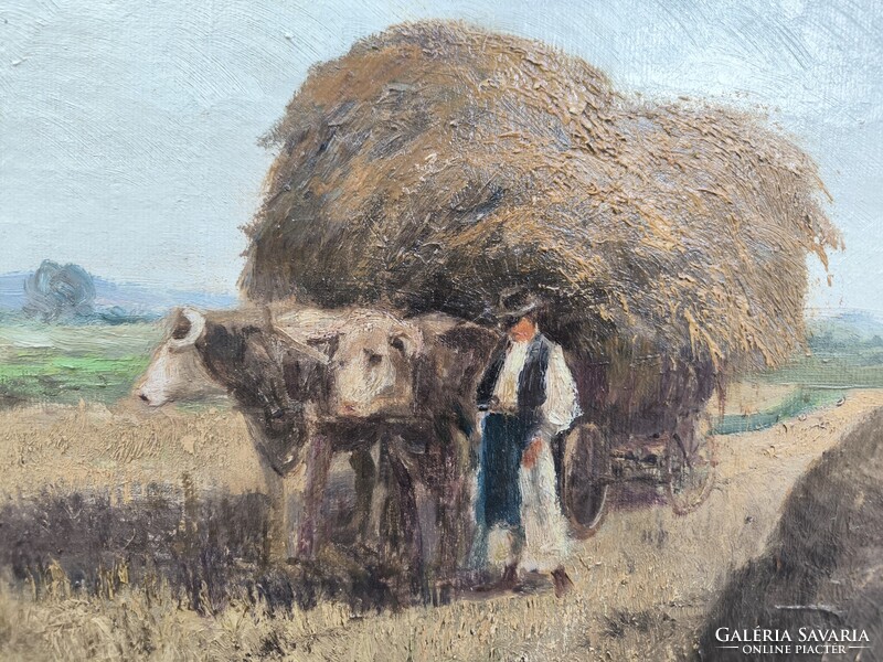 Gyönyörű antik Olaj vászon tàjkép festmény.Àcs Àgoston aratàs , betakarítás