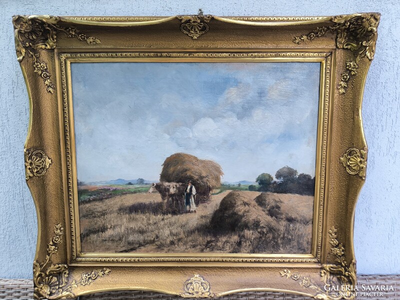 Gyönyörű antik Olaj vászon tàjkép festmény.Àcs Àgoston aratàs , betakarítás