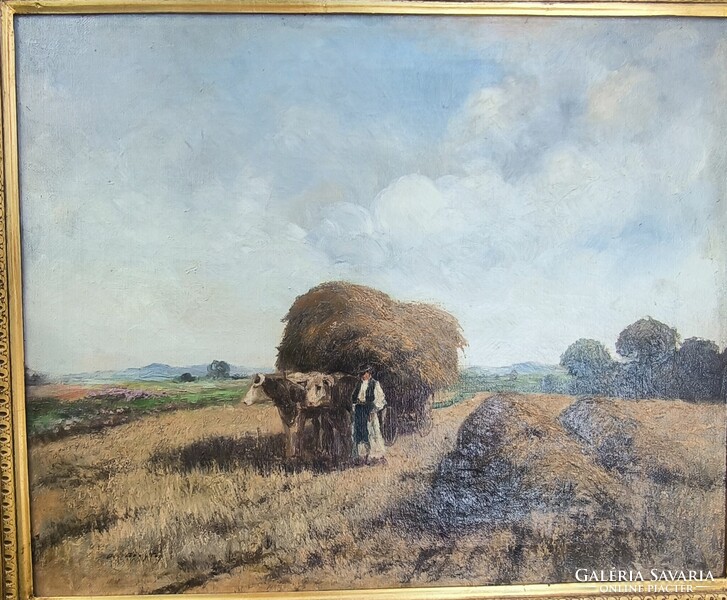 Gyönyörű antik Olaj vászon tàjkép festmény.Àcs Àgoston aratàs , betakarítás