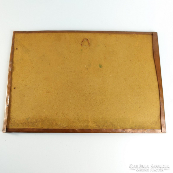 Vintage réz fali kép, jávorszarvas farkasokkal viaskodik, vadász téma, Kb 1960-es évek