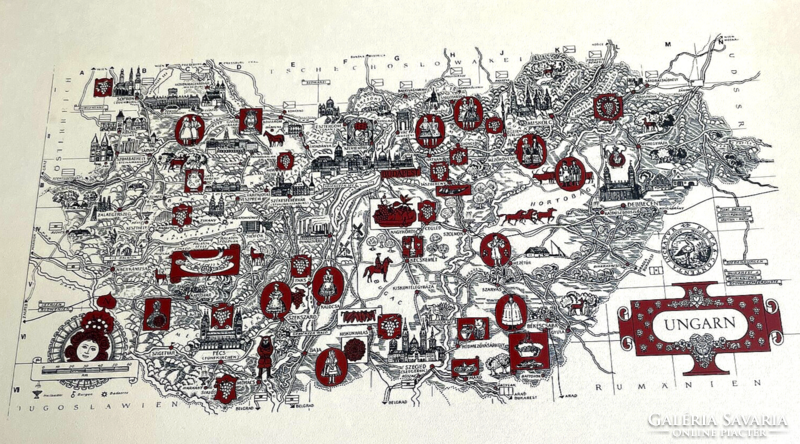 Vintage Magyar Térkép - Ungarn Térkép Részletes Illusztrációkkal