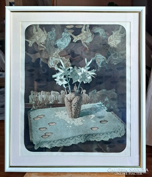 Tassy Béla: Ikebana - különleges színes grafika! fehér keretben (asztal, japán virágrendezés)