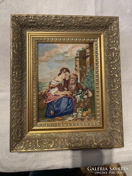 Antik tűgoblein nagyon szép fa keretben.