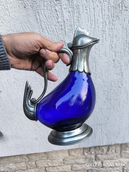 Gyönyörű kobalt kék üveges Kacsa kancsó,Kakas kancsó karaffa dekantàló jelzett fém.