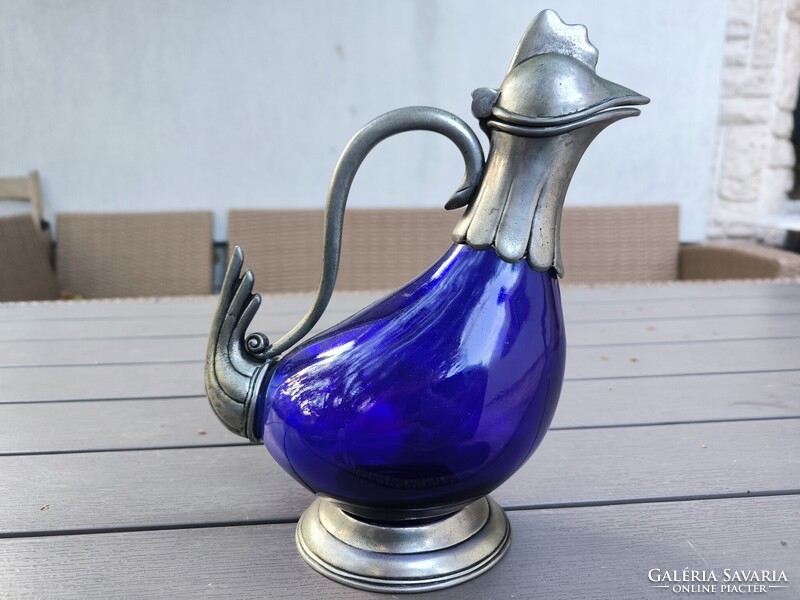 Gyönyörű kobalt kék üveges Kacsa kancsó,Kakas kancsó karaffa dekantàló jelzett fém.
