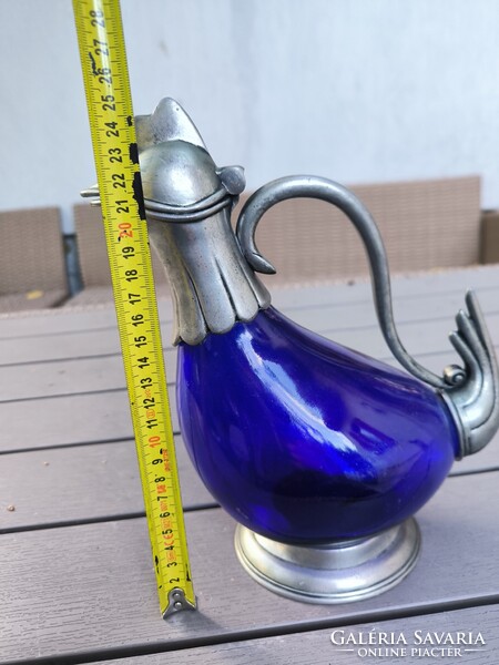 Gyönyörű kobalt kék üveges Kacsa kancsó,Kakas kancsó karaffa dekantàló jelzett fém.