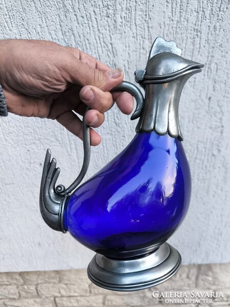 Gyönyörű kobalt kék üveges Kacsa kancsó,Kakas kancsó karaffa dekantàló jelzett fém.