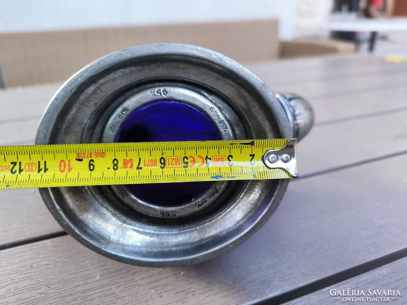 Gyönyörű kobalt kék üveges Kacsa kancsó,Kakas kancsó karaffa dekantàló jelzett fém.