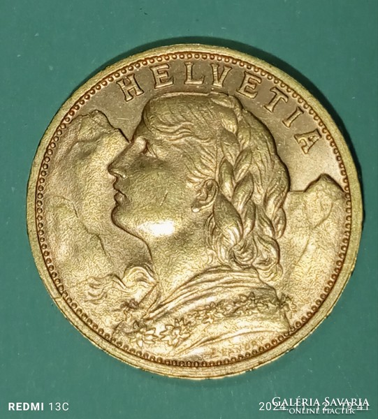 Svájci 20 Frank Helvetia 900 finomságú, 6,45 g, aranyérem 1902.